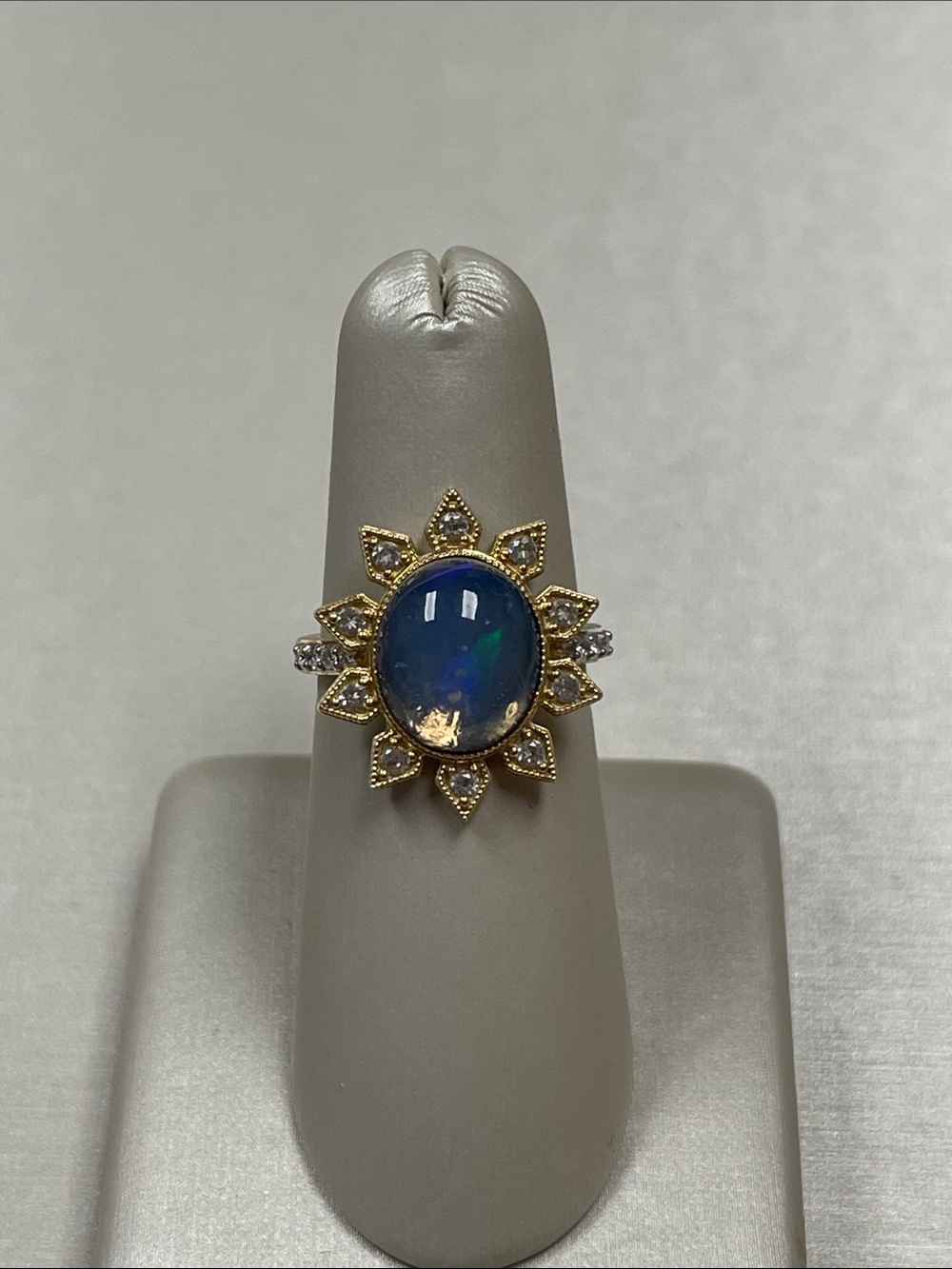 Gold Sunburst Ring with Blue Opal Center and Diamond Accents